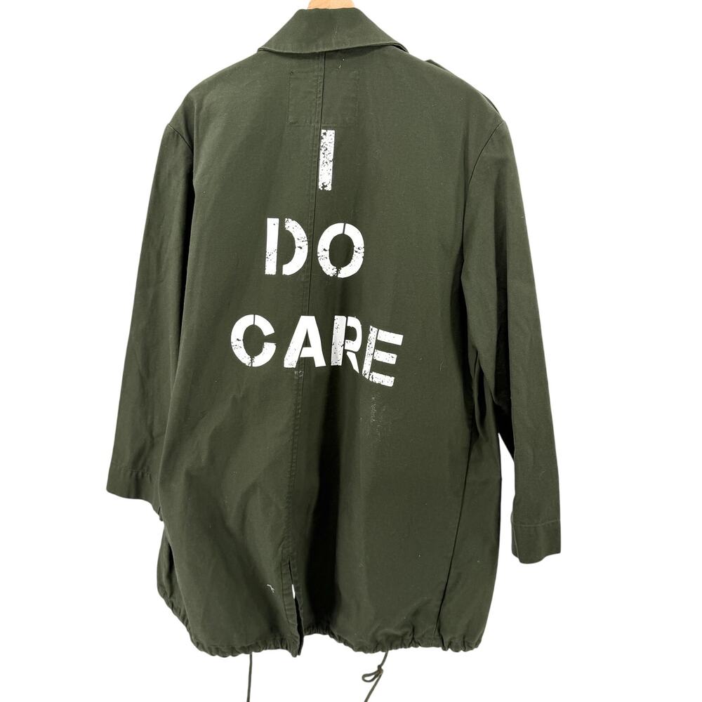 Custom Army Green I Do Care Stencil Slogan Utility Jacket